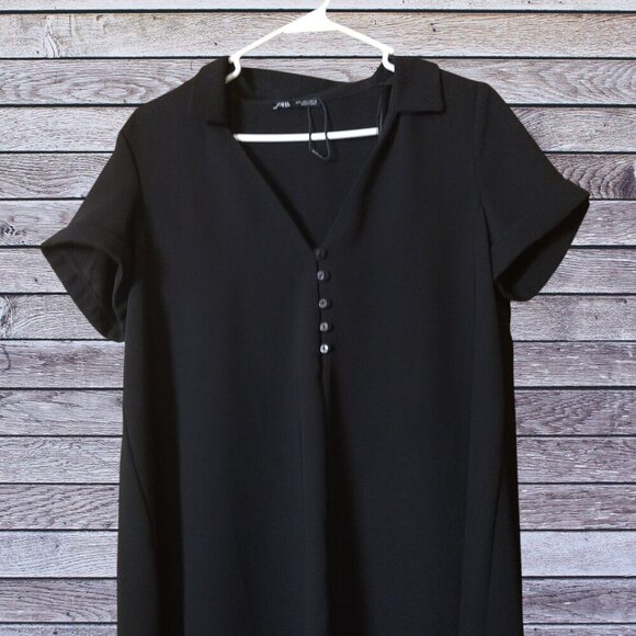 Zara Women's Large Short Sleeve Black Shirt Dress Partial Button Front READ - Picture 2 of 5